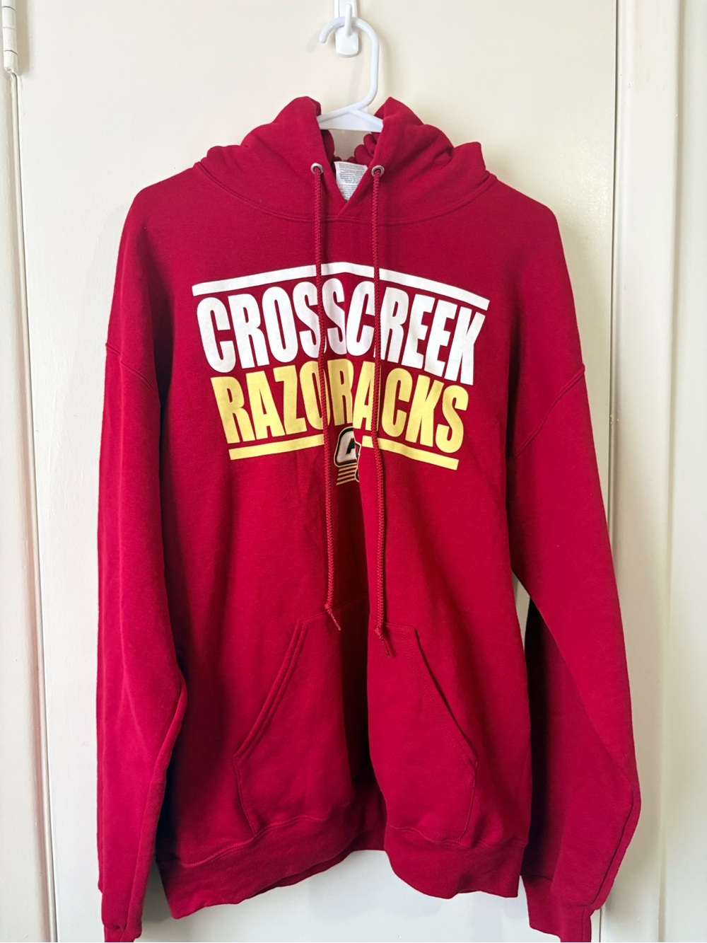 Jerzees Red Hoodie with White and Yellow Graphic